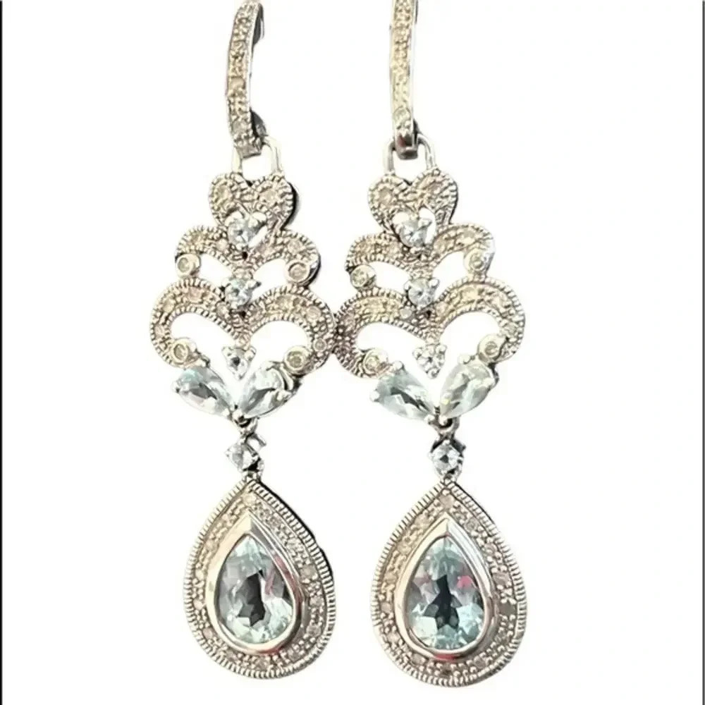 Aquamarine Vintage‎ Teardrop Diamond White Gold Earrings